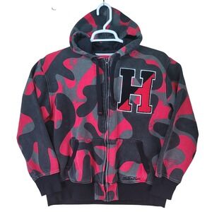 Stall‎ & Dean Full Zip Hoodie Mens L Red Black Camo Varsity Letter H Streetwear